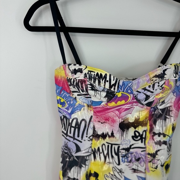 Dolls Kill DC Print Funky Graffiti Corset Spaghetti Strap Mini Dress - Picture 3 of 5